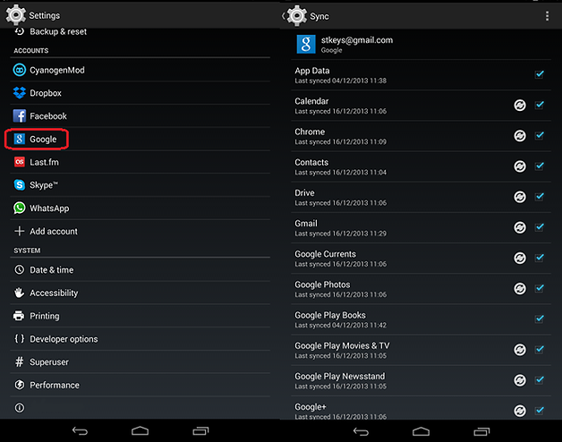 Settings Accounts Google Synchronization