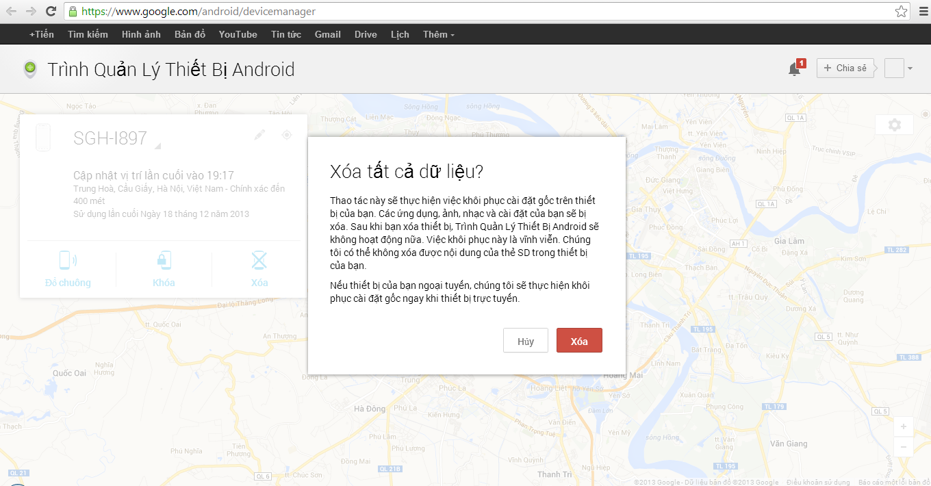xoa du lieu bang android device manager